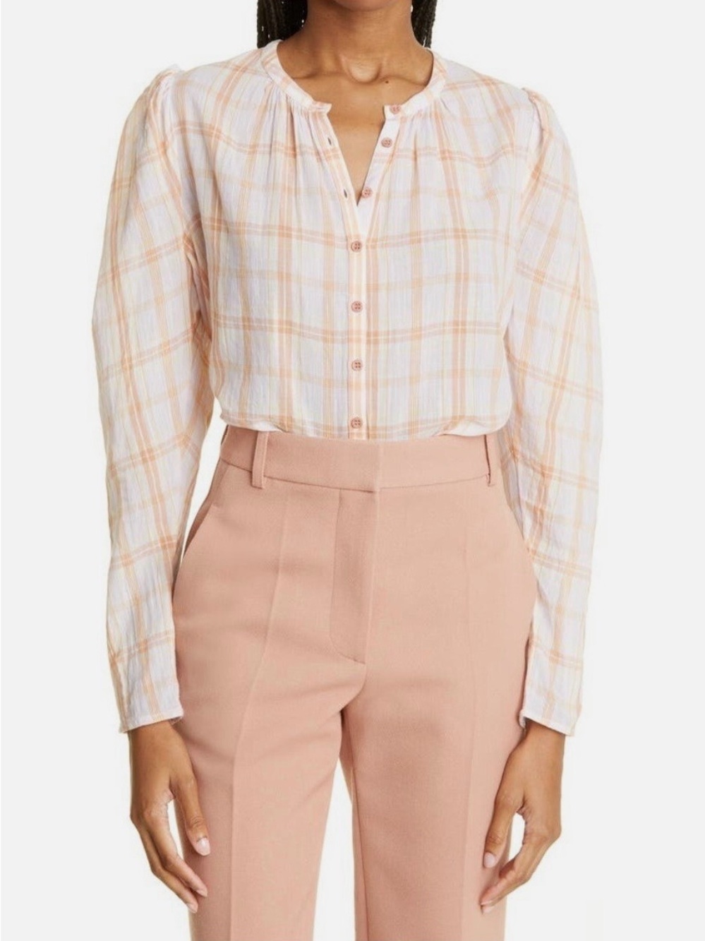 Ulla Johnson Nour Lilac Peach Plaid Cotton Balloon Sleeve Blouse Shirt 6